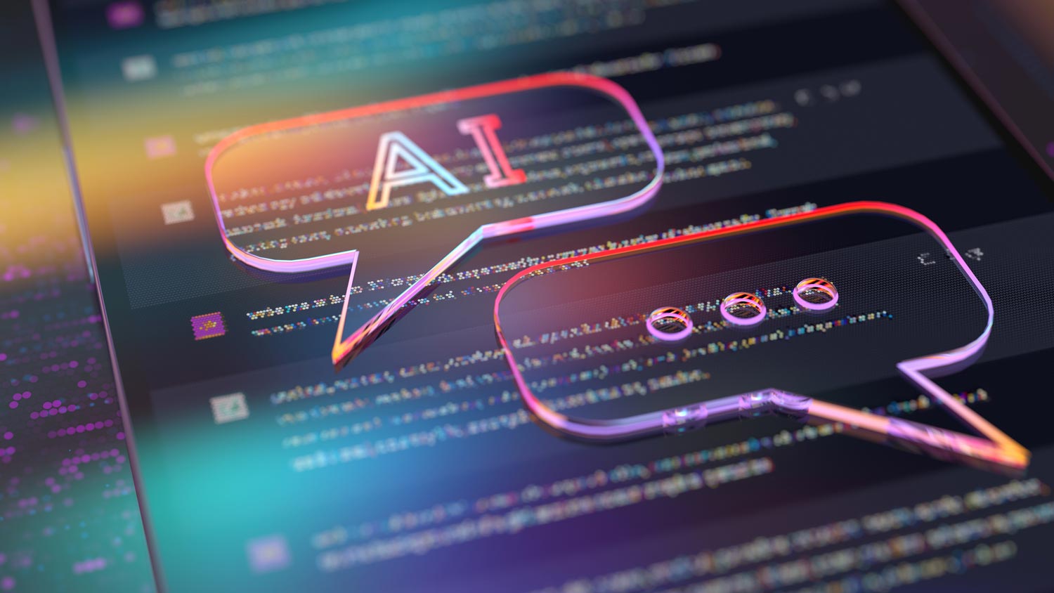 Digital AI technology graphic with connected data and communication elements.